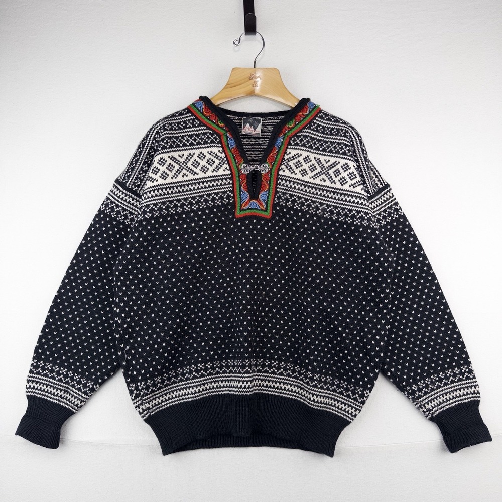 80's Vtg Dale of Norway Pullover Sweater Men's Large Fair Isle Wool Knit Black